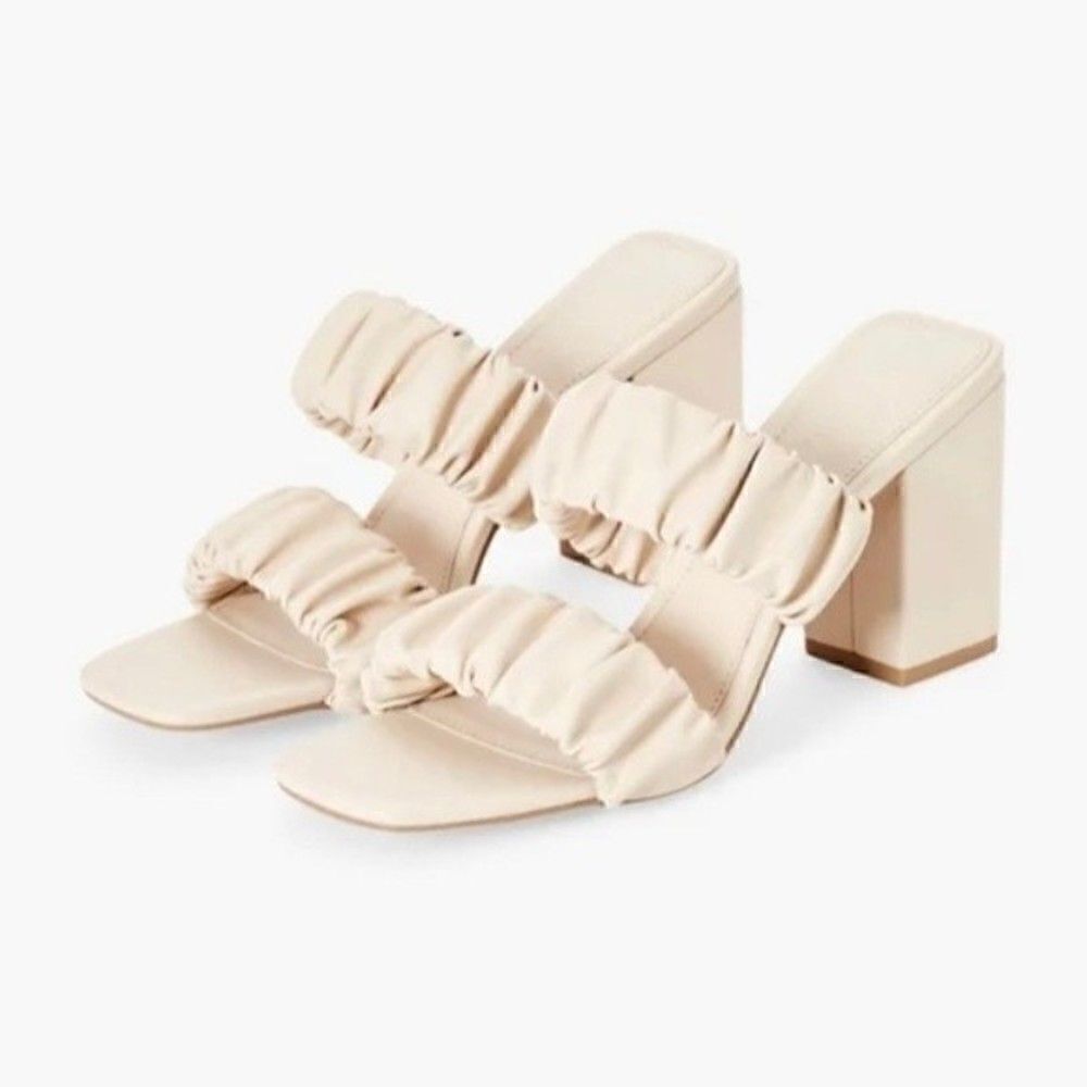 Justfab Gretchen Slip on ￼￼Rushed Slide￼ Sandals Chunky Heel Cream ￼ Size ￼ 8.5